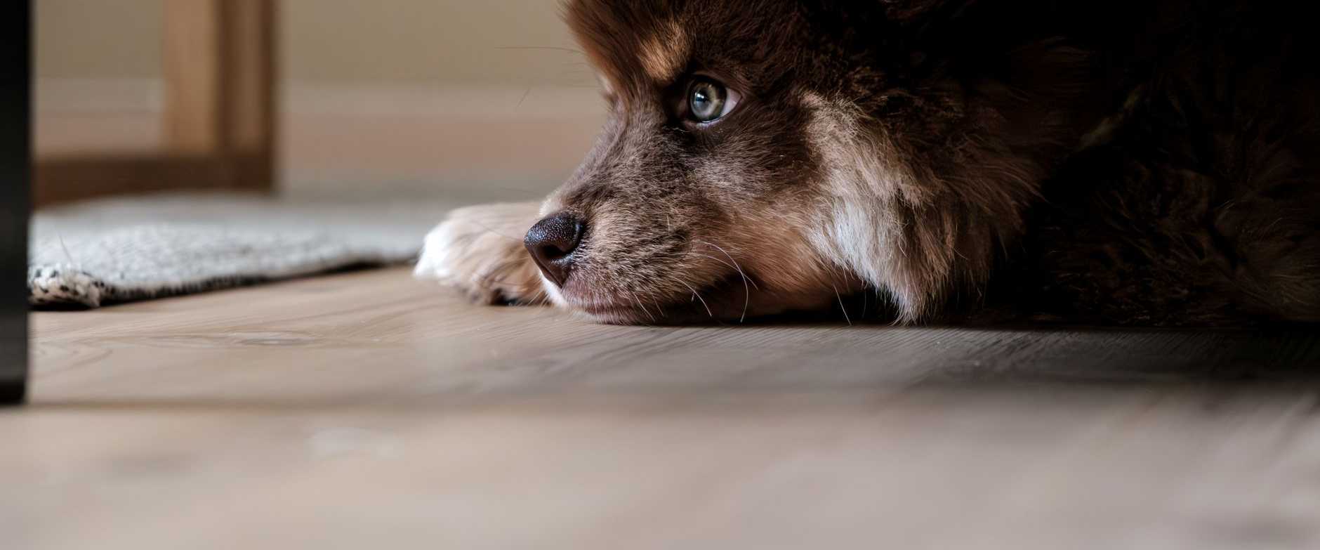 Ein flauschiger Hund versteckt sich ruhig unter einem Sofa und fängt einen Moment der Ruhe und Neugier ein.